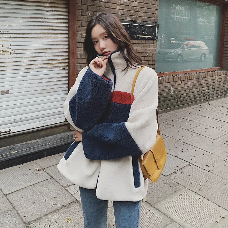 

Photo Shoot 2019 Autumn & Winter New Style Korean-style Loose-Fit Contrast Color Joint Versatile Lambs Wool Fur Cropped Jacket W