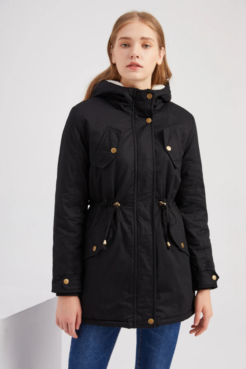 

Autumn and Winter New Women's Solid Color Hooded Drawstring Waist Thickened Padded Coat