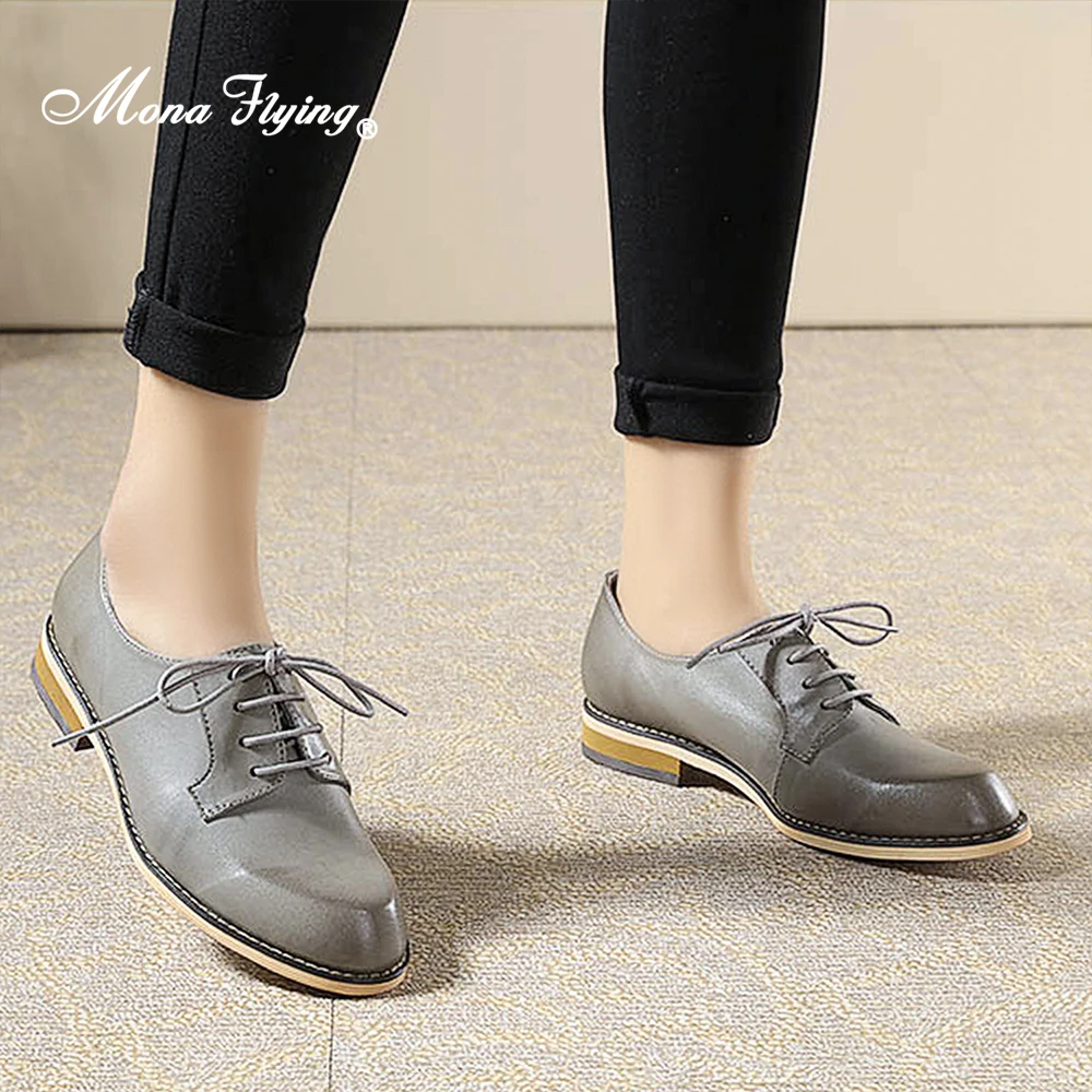 Mona Flying Women Genuine Leather Solid Oxfords Saddle Derby Handmade Comfort Flats Lace up Shoes for Work Office Ladies FLX20-1