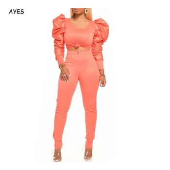 

Women Retro Pink Sets Puff Sleeve Crop Top Slim Pants Two Pieces Set Suits Female Vintage Autumn Fall Clothes Outfit Suit 2020