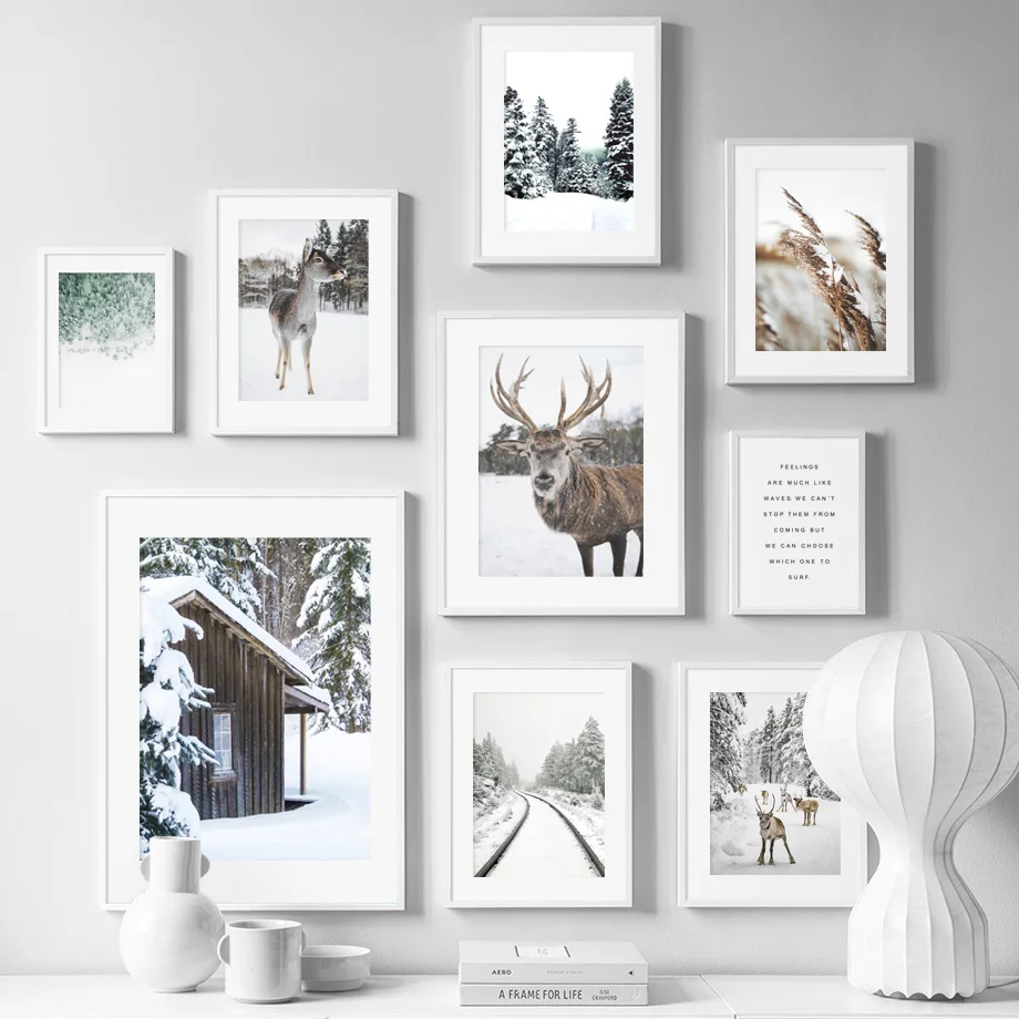 Reed Pine Forest Track Deer Snow Sence Wall Art Canvas Painting Nordic Posters And Prints Pictures For Living Room Decor | Дом и сад