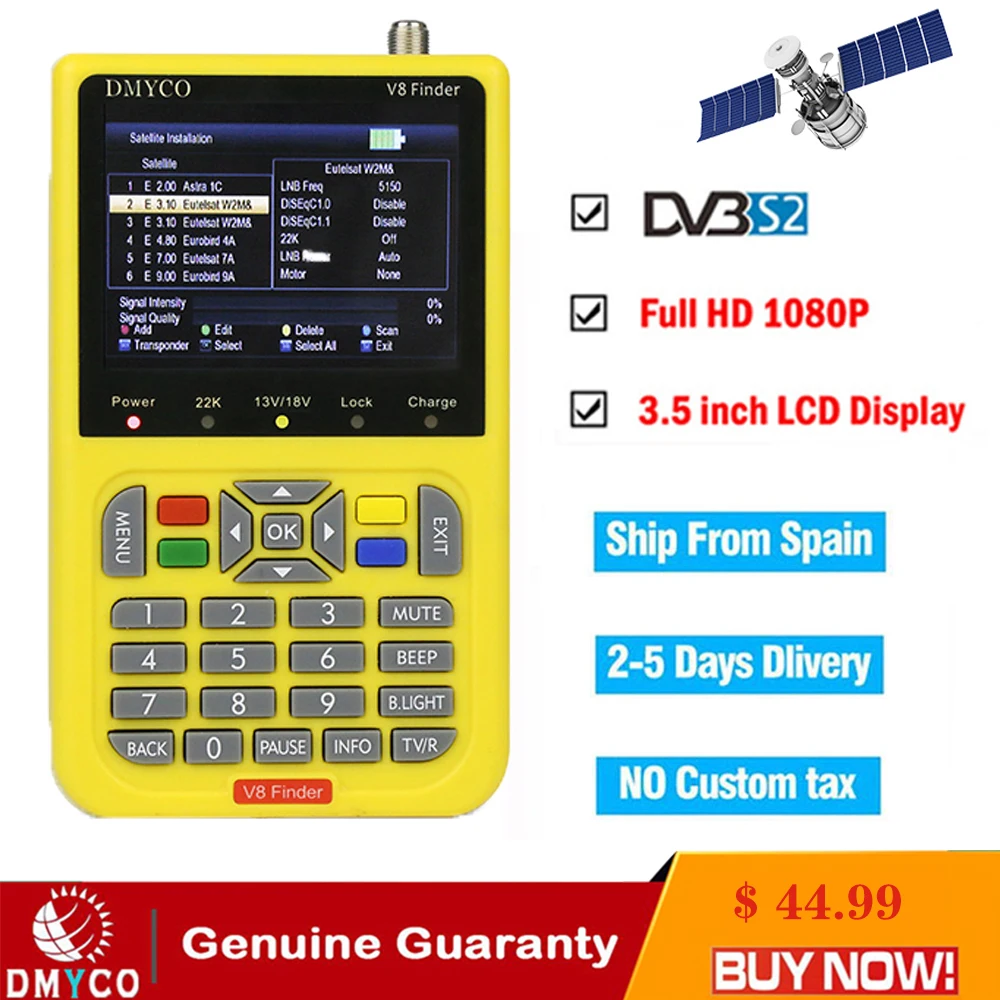 

DMYCO V8 Finder DVB-S DVB-S2 Digital FTA Satellite Tool SatFinder Meter HD Satellite Finder TFT LCD Sat Finder lnb Signal Meter