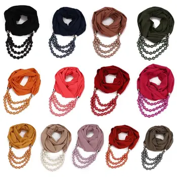 

Vintage Ethnic Womens Solid Color Chiffon Infinity Scarf with Large Imitation Pearl Beading Chain Pendant Jewelry Necklace