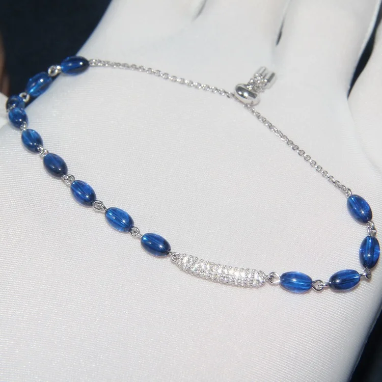 925 стерлингового серебра Сладкий cz браслет «Конфета» мода кристалл браслет из синих бусин Регулируемая цепь для женщин известный бренд ювелирных изделий