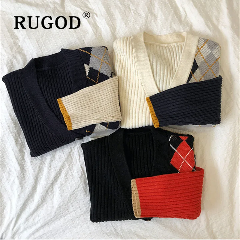 RUGOD, винтажные, модные, женские, рождественские кардиганы, пэчворк, Аргайл, в клетку, вязаный свитер, модный, женский, Повседневный, зимнее пальто