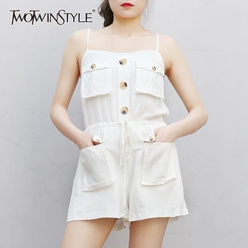 

TWOTWINSTYLE White Casual Jumpsuit For Women Square Collar Sleeveless Lace Up Elegant Jumpsuits Female 2020 Summer New Style