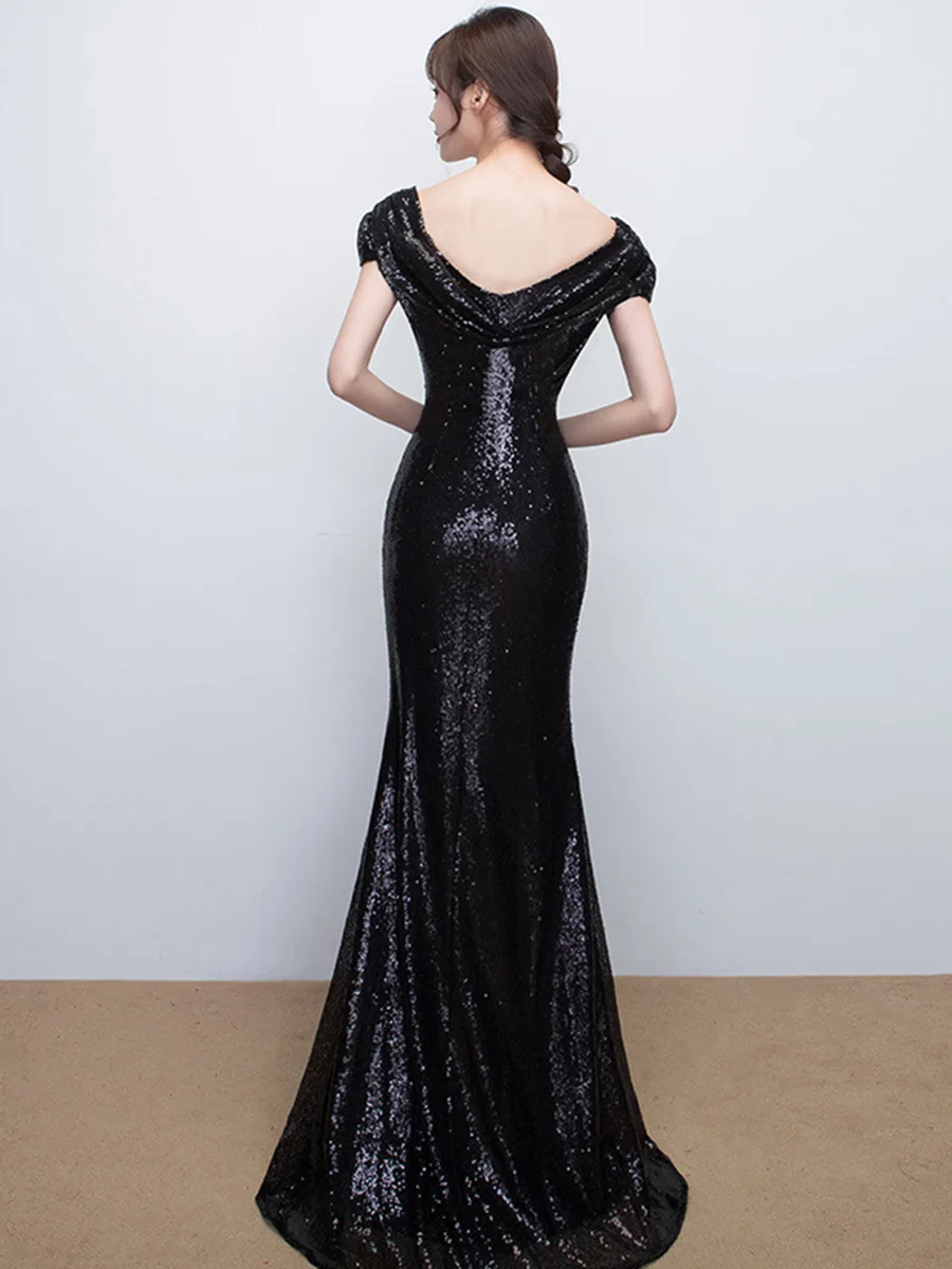 Вечернее платье с круглым вырезом, коротким рукавом и открытой спиной, вечернее платье, элегантное платье в пол с блестками, вечерние платья F290