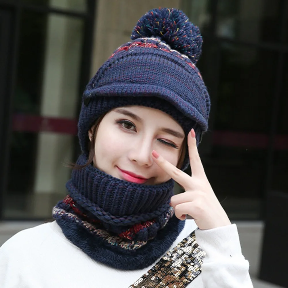 Beanie Hat Scarf Face Mask Set Thick Patchwork Detachable Knitted Cap Neck Warmer Headwear New