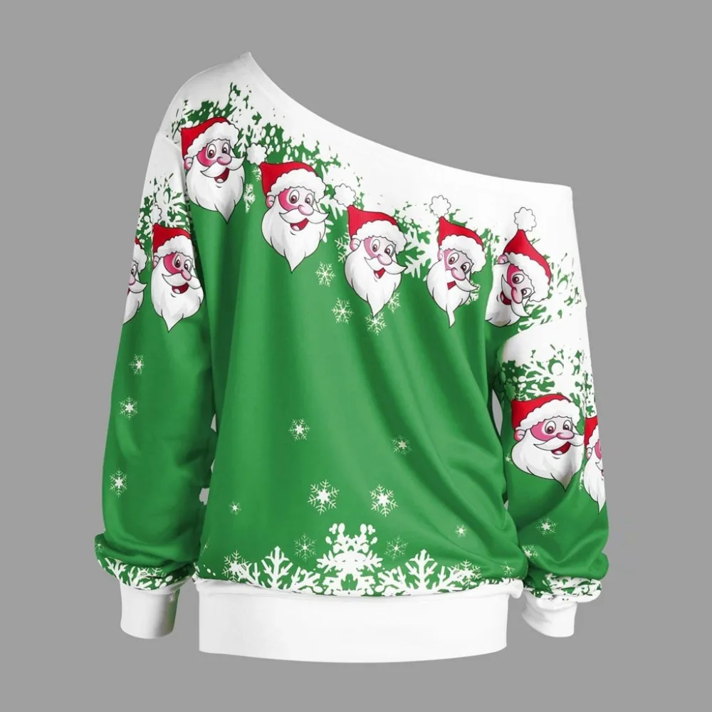 Christmas Blouse Plus Size Womens Santa Claus Print Long Sleeve Skew Collar Tunic Women Autumn Blouse Tops blusa feminina#3F