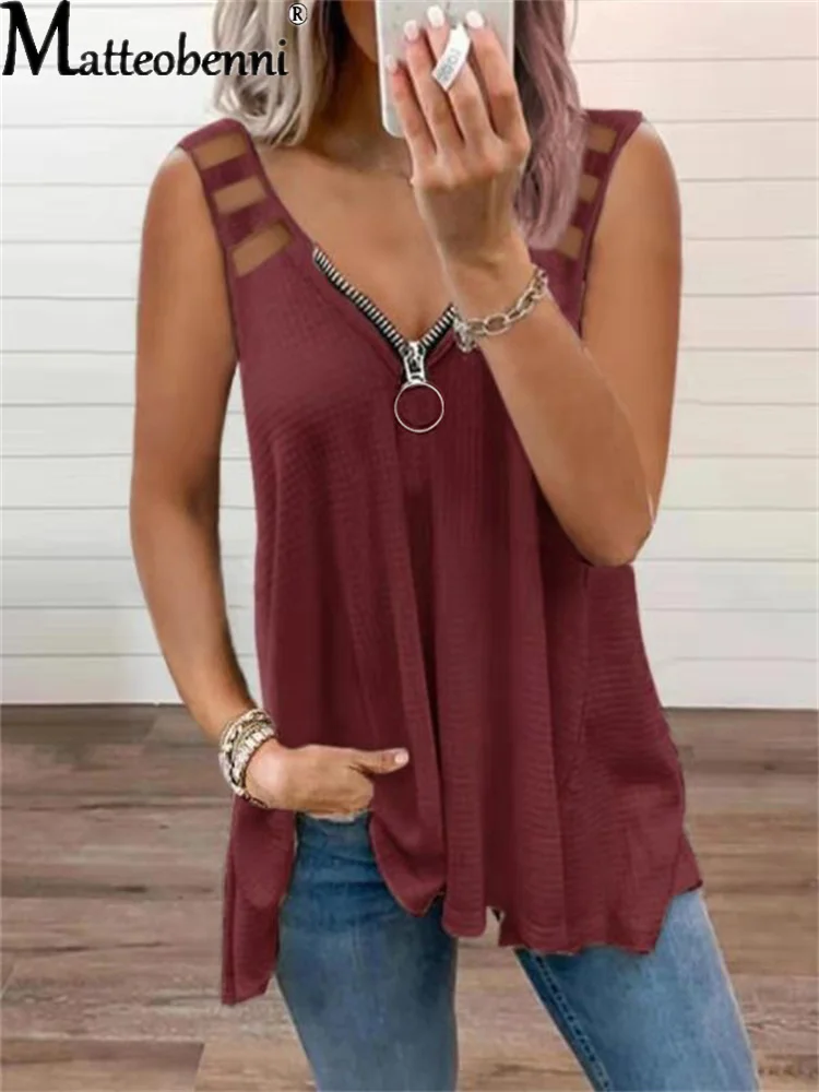 Sleeveless Women T Shirts Zippers V Neck Fashion Tee Summer High Street