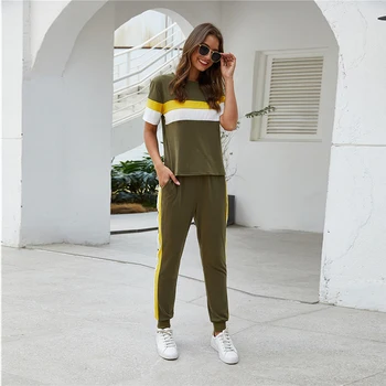 

2020 Summer Two Piece Pants Set Women Short Sleeve T-shirt Tracksuit Women Clothing Green Casual Pullover High Waist Sweatpants