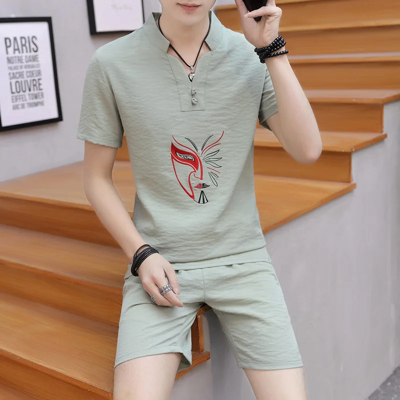 

Summer Men 2018 Short Sleeve T-shirt New Style Set Handsome Korean-style a Set of Clothes Casual Trend V-neck Two-Piece Set