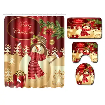 

4 IN 1 Christmas Snowman Shower Curtain Bathroom Anti-slip Carpet Rug Toilet Cover