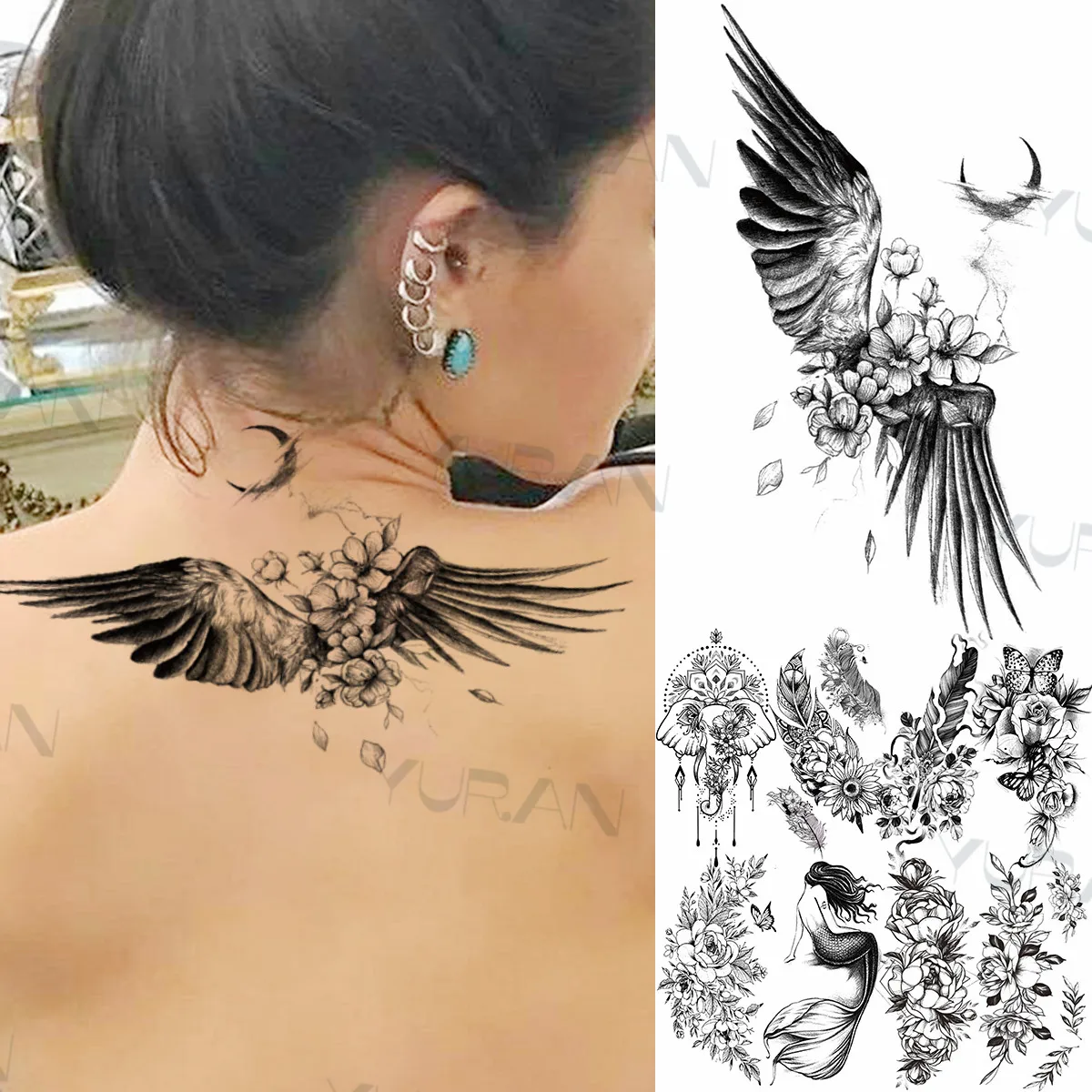 

Black Flower Wings Moon Temporary Tattoos For Women Girls Henna Elephant Feathe Fake Tatoos DIY r Butterfly Flora Tattoo Sticker