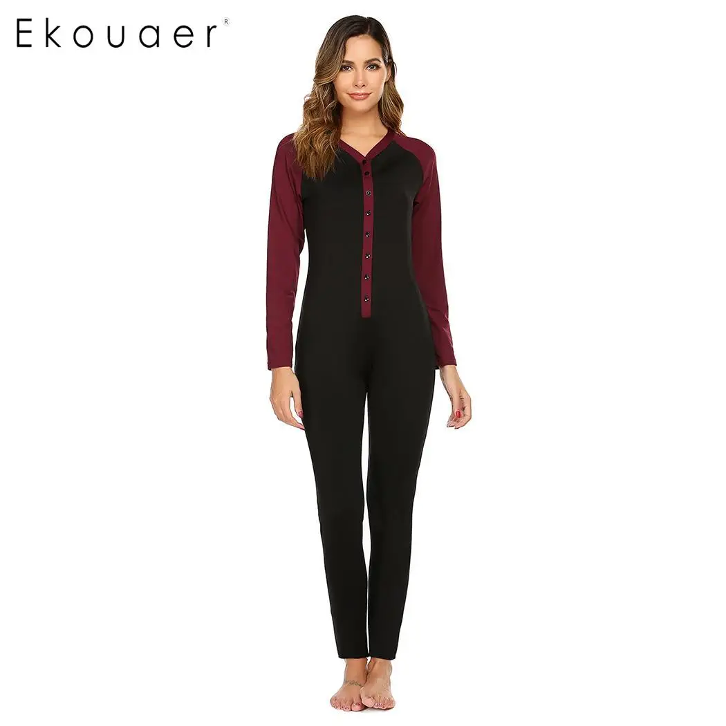 

Ekouaer Onesie Adult Women Pajamas Suit O-Neck Long Sleeve Patchwork Button Pajama One Piece Sleepwear Set Loungewear
