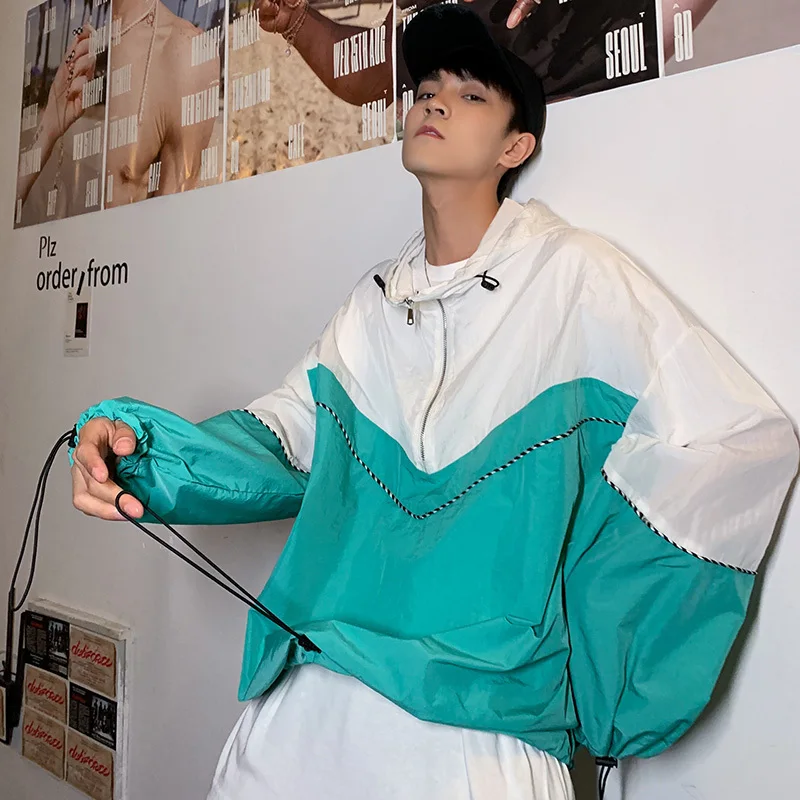 

Spring And Autumn New Color Matching Thin Section Hood Loose Male Plus Fertilizer XL Jacket Men Hooded Sunscreen Clothing Tide