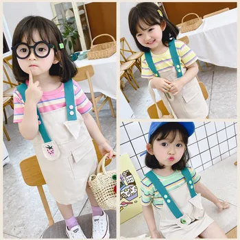 

Summer Toddler Girls Sets Color Striped Short Sleeve T-shirt Strap Dress 2 3 4 5 6 Years Baby Girl Suits Fashion Children 2pcs