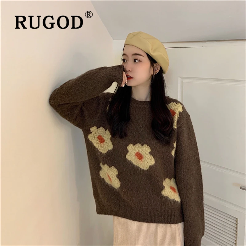 RUGOD, корейский шик, цветочный принт, женский свитер, модный, круглый вырез, вязанные пуловеры, мода, зимние, теплые, милые свитера