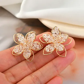 

10pcs 30mm Crystal Rhinestone Gold Color Metal Thread Rope Woven Crochet Flowers Charms Ornament Accessories Jewelry DIY