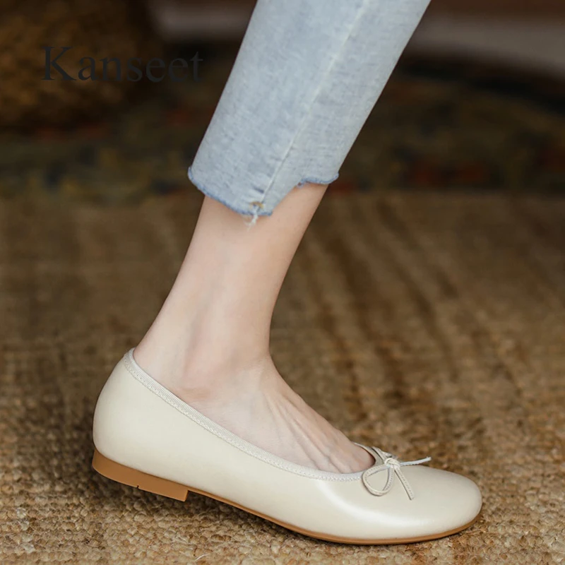 

Kanseet Size 33-43 Women Pumps 2021 Autumn New Genuine Leather Handmade Sweet Butterfly-Knot Decoration Comfort Low Heels Shoes