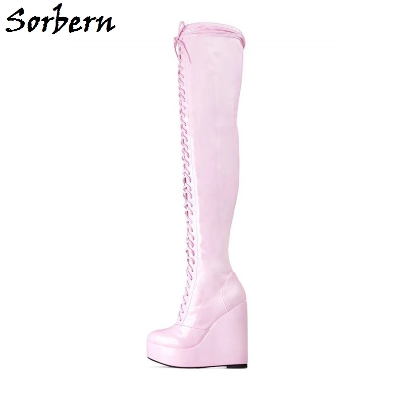 

Sorbern Custom Over The Knee Boots Women Light Pink Wedges High Heel Lace Up Mid Thigh High Lady Boot Platform Heels Round Toe