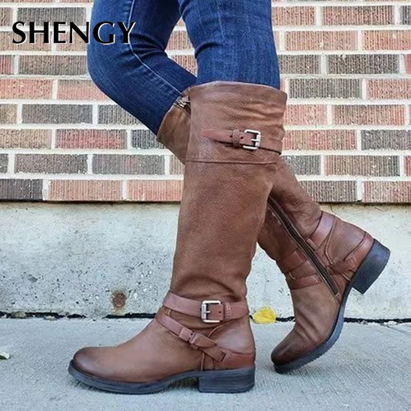 2020 Shengy Femmes Mi Mollet Bottes Gros Talons Mi Chaussures Chaussons Vintage Cuir Pu Gladiateur Boucle Chaussures Grande Taille Aliexpress