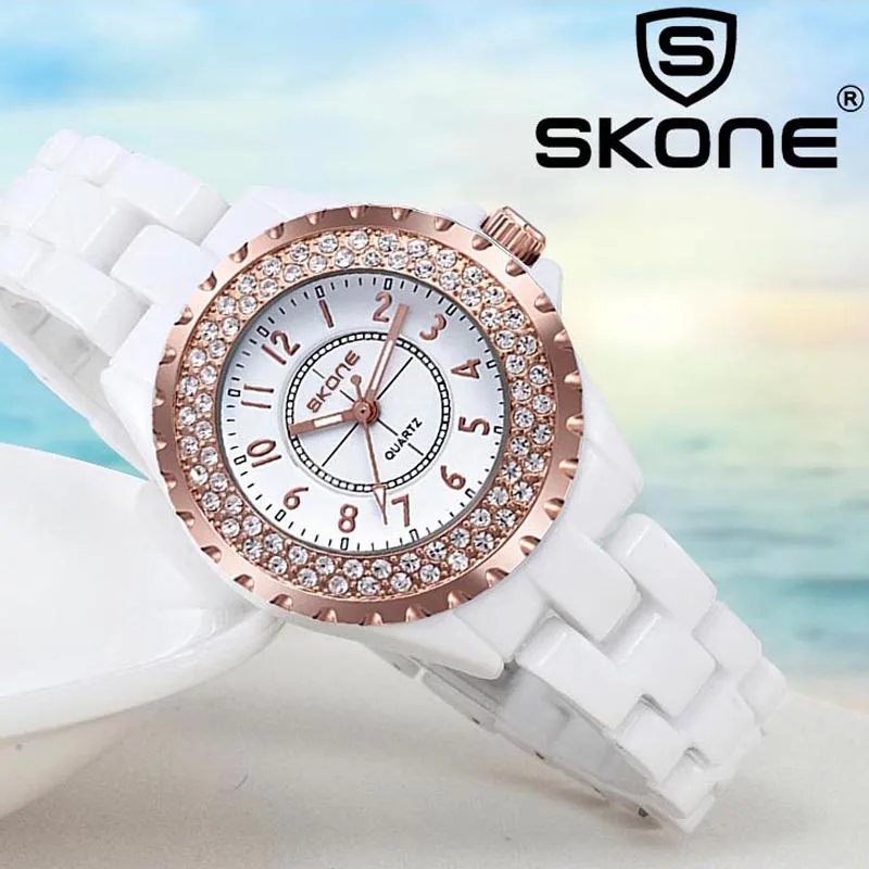 SKONE топ известный бренд Роскошные Кварцевые часы женские модные керамические