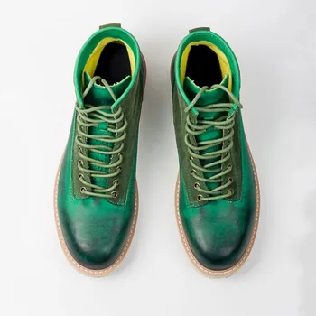 

Printed Harajuku Mens Green Genuine Leather Ankle Lace Up Flats Sneakers High Top Work Safety Shoes Fashion Riding Boots