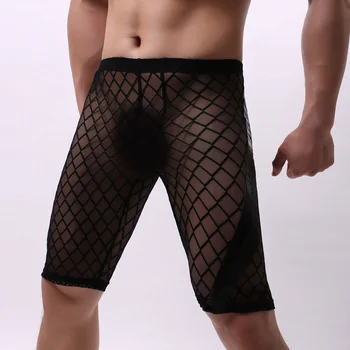 

Mens Underwear Boxers PU Leather Mesh Patchwork Long Leg Underwear Homme Slip Calzoncillos Underpants Gay Panties Boxer Shorts
