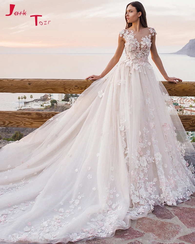 2019 Новое поступление цветочные подвенечные платья Robe De Mariage с коротким рукавом и низким вырезом на спине аппликации Бисероплетение