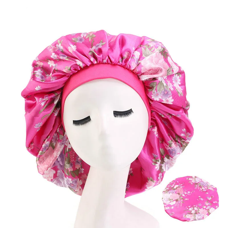 Large Print Satin Silky Bonnet Sleep Cap Width Elastic Band for Women Solid Color Head Wrap Lady Hair Accessories Wholesale