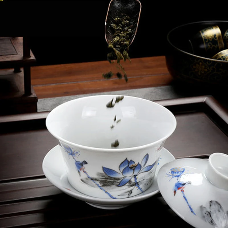 Chinese Porcelain Kung Fu Teacups, Gaiwan, Beautiful Flower Cover Bowl, Lip Cup, Saucer Tea Set, Drinking Ware, 300 ml