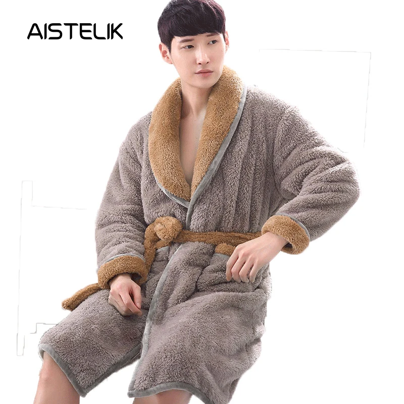 

New winter men's pajamas plush solid color robes Korean version of the thick flannel pajamas autumn and winter yukata home comfort high-end