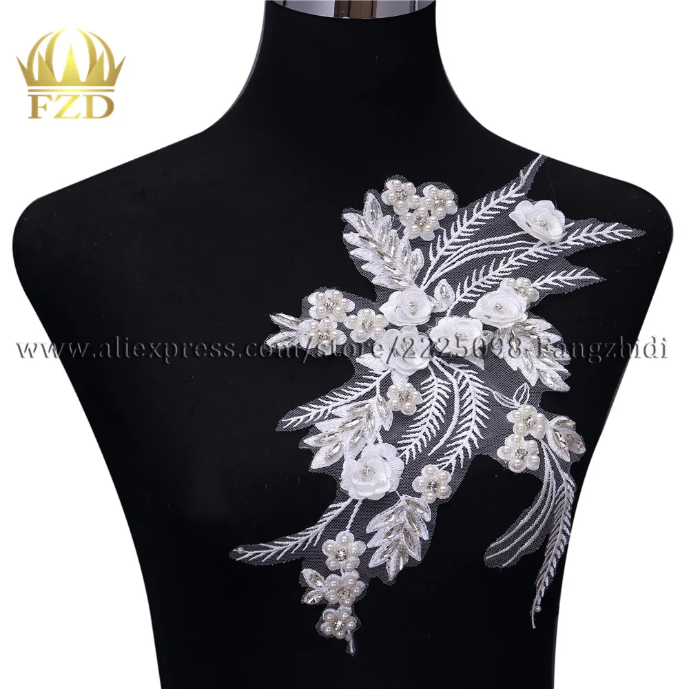 

FZD 1 Piece Clear Crystal pearl Patches and Rhinestone Embroidery Trim with Gauze for Wedding Dresses, DIY Decorative Clothes