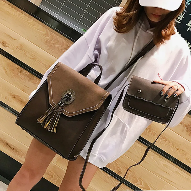 

Vintage 2pcs Set Tassel Women Backpack Preppy Style School Bag Backpack for Teenager Gilrs Fashion Large Shoulder Bags Sac A Dos