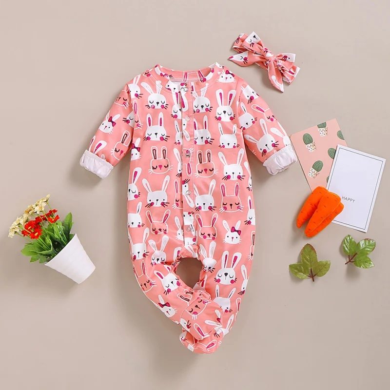 Осенняя одежда для маленьких девочек, хлопковый костюм с длинными рукавами и рисунком кролика+ повязка на голову, комплект для новорожденных