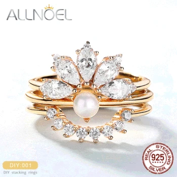 

ALLNOEL 2019 Hot Solid 925 Sterling Silver Rings For Women Stacking Bridal Zircon Diamond Real Pearl Ring Wedding Fine Jewelry