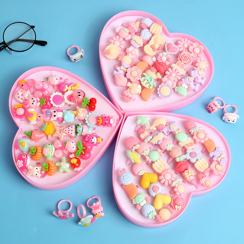 

Cute Plastic Kids Rings Girls with Mixed Korean Style Resin Alloy Child Cartoon Rings Children's Day Jewelry With Box Girls Ring