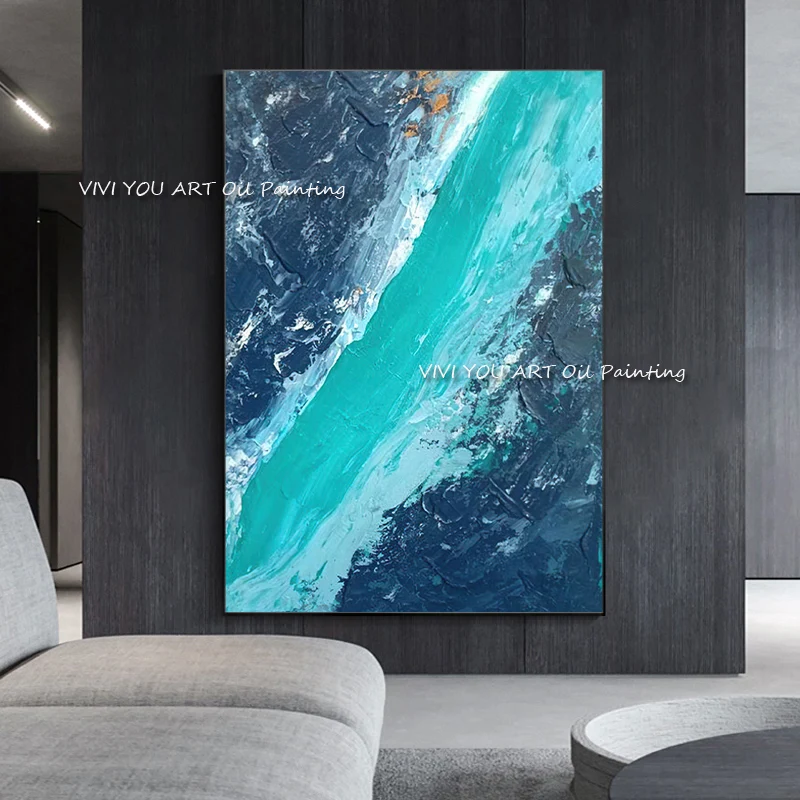 

Abstract Blue Ocean Oil Painting on Canvas Seascape Posters Handmade Gold Foil Cuadros Wall Art Picture Living Room Decoration