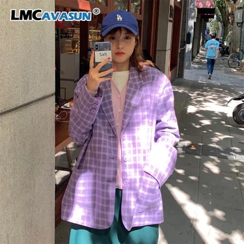 

LMCAVASUN Korean Fashion Women Blazer Spring Autumn Casual Loose Coat Female Purple Plaid Blazers Office Lady Vintage Outwear