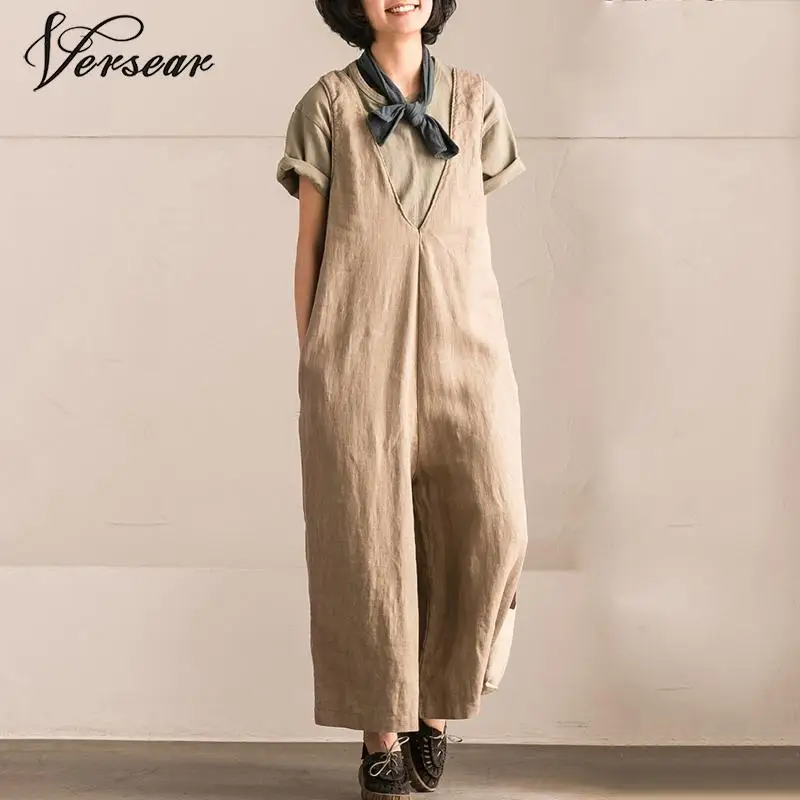 

Versear Cotton Linen Rompers Women Jumpsuits Sleeveless Side Pockets Wide Leg Baggy Romper Overalls Pantalon Plus Size L-5XL