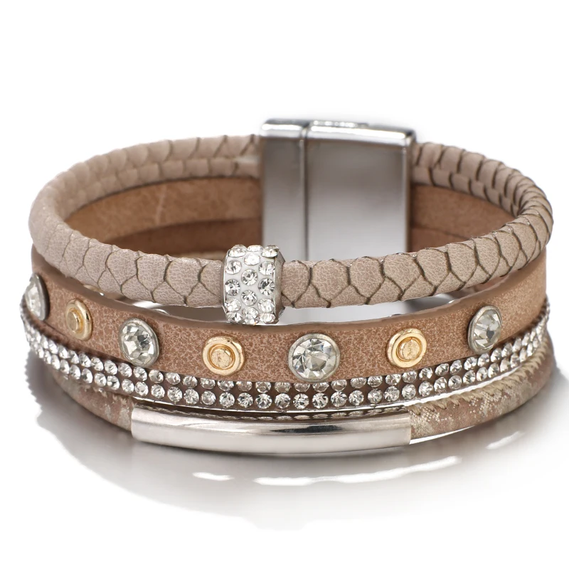 Amorcome металлические трубы кожаные браслеты для женщин модные браслеты со стразами и браслеты широкий браслет многослойный ювелирный женский браслет