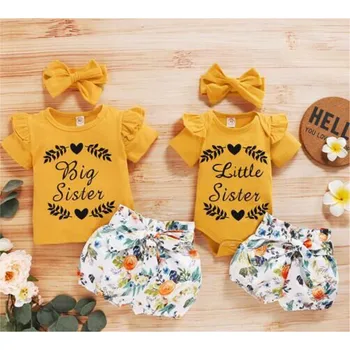

Summer Cotton Baby Clothes Girl Little Big Sister Match Jumpsuit Romper T-shirt+Floral Short Pants +Headband Clothes Outfits