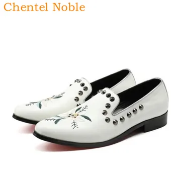 

Luxury Brand Chentel Rivet Fashion Mens Dress Shoes Genuine Leather Slip-On Flower Loafters For Business Mens Shoes White