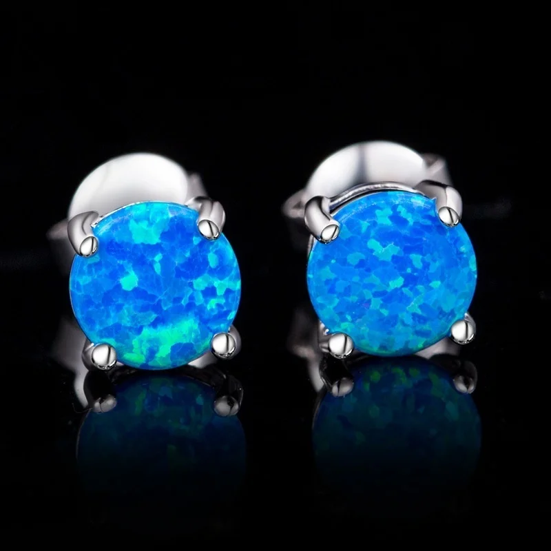 Fashion Women Earrings Cute Blue Fire Opal Stud Earrings For Women Vintage Jewelry Accessories Birthday Girl Gift 7MM