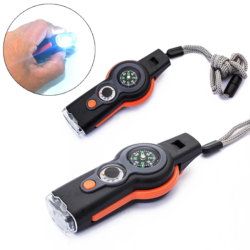 7 in 1 LED Light Outdoor Survival Emergency Tool Multifunctional Survival Emergency Whistle Lightweight and Easy to Carry