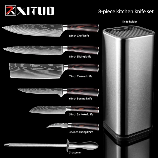 XITUO Kitchen Chef Set 4-8PCS set Knife Stainless Steel Knife Holder Santoku Utility Cut Cleaver Bread Paring Knives Scissors 6