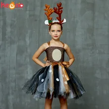 Коричневое платье-пачка с оленем и повязкой на голову для девочек; праздничный костюм с животными для дня рождения; детское платье с лосем на Хэллоуин и Рождество; нарядные платья