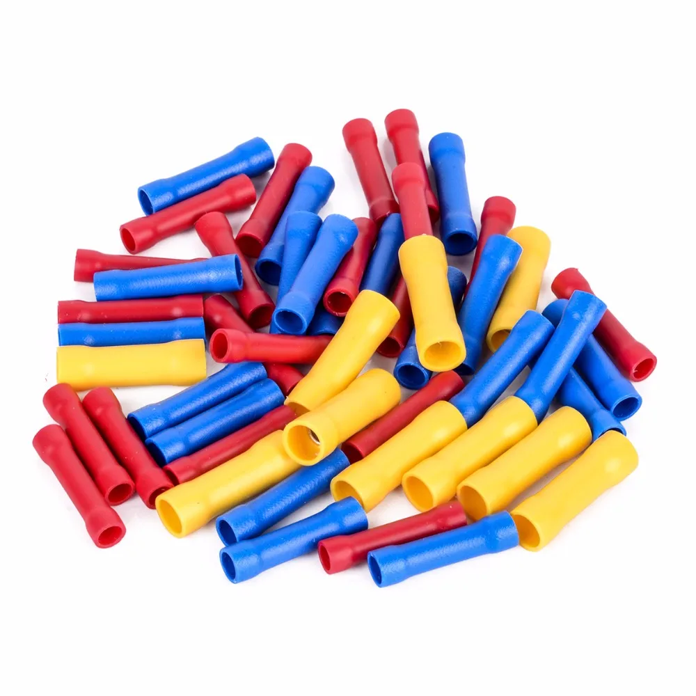 

50pcs Assorted Straight Butt Connectors Insulated Electrical Crimp Terminals Kit Set Red Blue Yellow