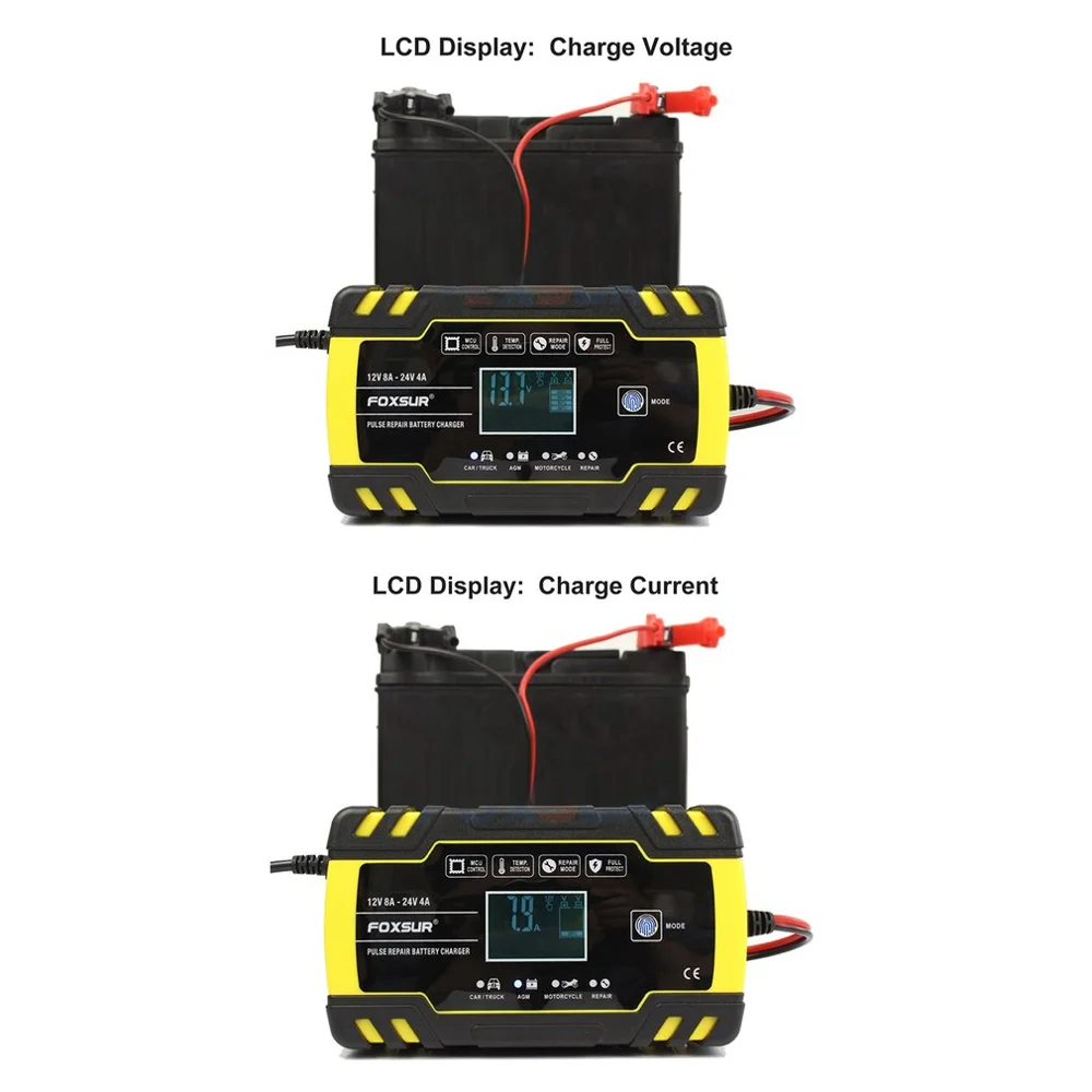 FOXSUR 12V Motorcycle /& Car Automatic UPS Intelligent LCD Display Battery Charger EFB AGM Gel Pulse Repair Battery Charger